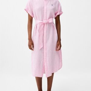 Ralph Lauren Pink & White Striped Midi Shirt Dress with Waist Tie